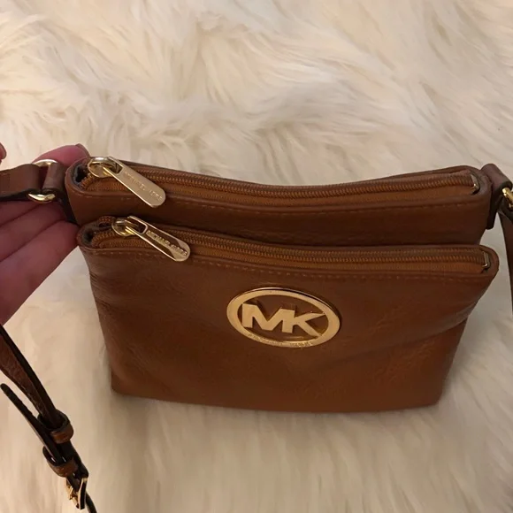 Michael Kors Cognac Leather MK Logo Crossbody Bag - Picture 10 of 13
